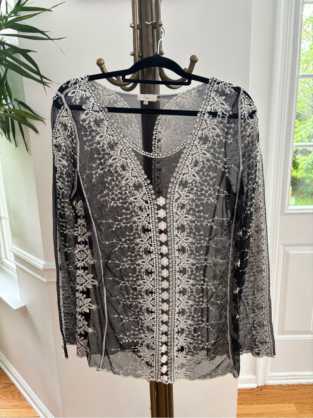 Embroidered Black & White Sheer Button-Front Tunic